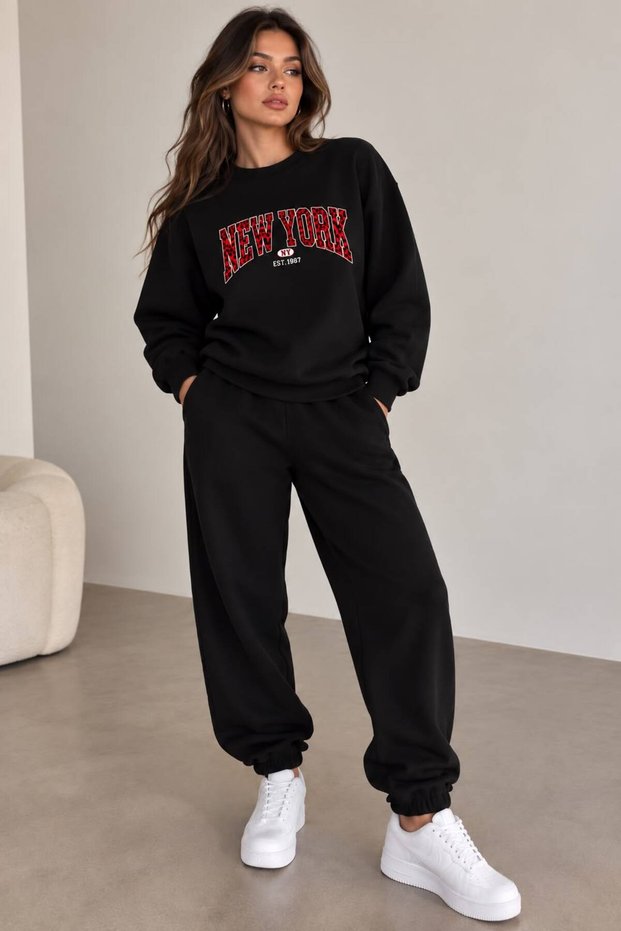 ZERO-COLLAR SWEATSUIT 2-PIECE SET WITH BRUSHED INSIDE SLEEVES, NEW YORK PRINT