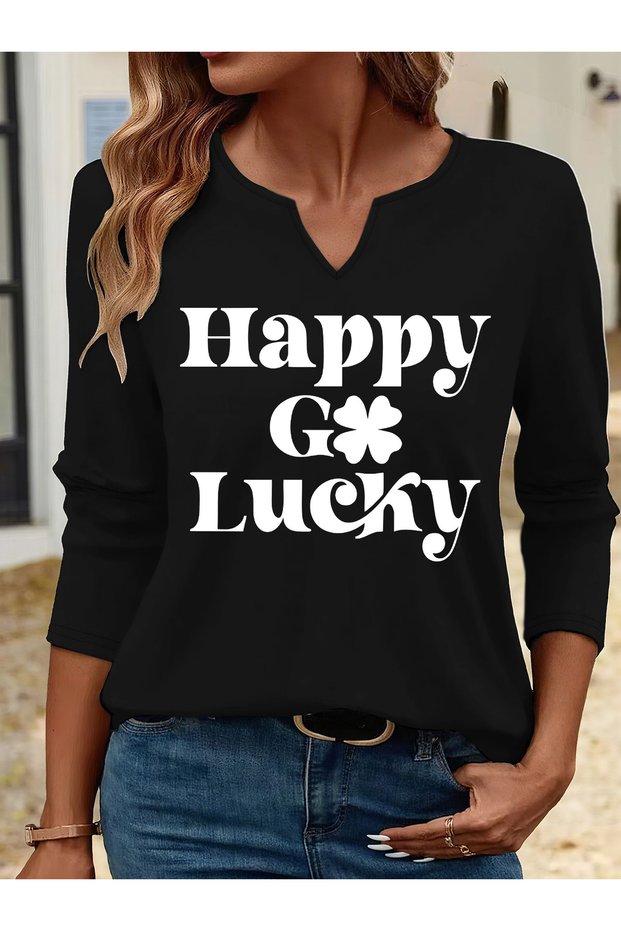 Printed Cotton-Stretch Fabric Half-V-Neck Long-Sleeve Blouse