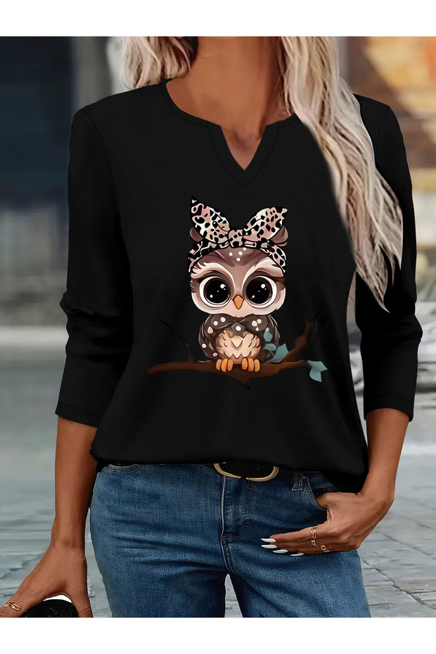 Printed Cotton-Stretch Fabric Half-V-Neck Long-Sleeve Blouse