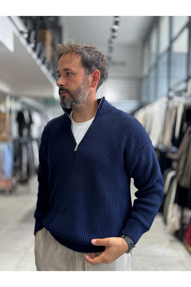Navy Blue Half-Zip Knit Sweatshirt MRK-1902