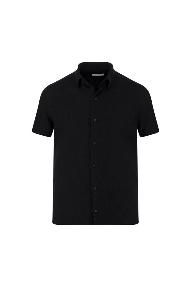 Black Comfort Fit 100% Cotton Short-Sleeve Shirt with Hidden Button-Down Shirt Collar