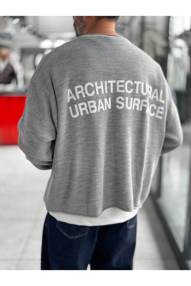Gray Surface-Printed Oversized Knit Sweatshirt PM-019
