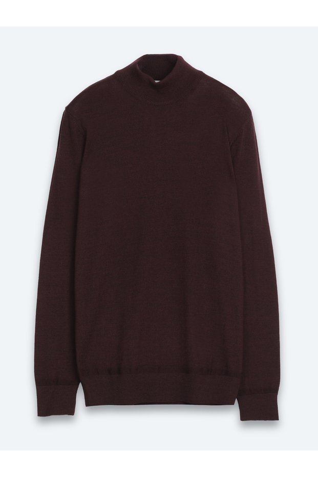 Burgundy Half Turtleneck Plain Knit Wool Blended Sweater