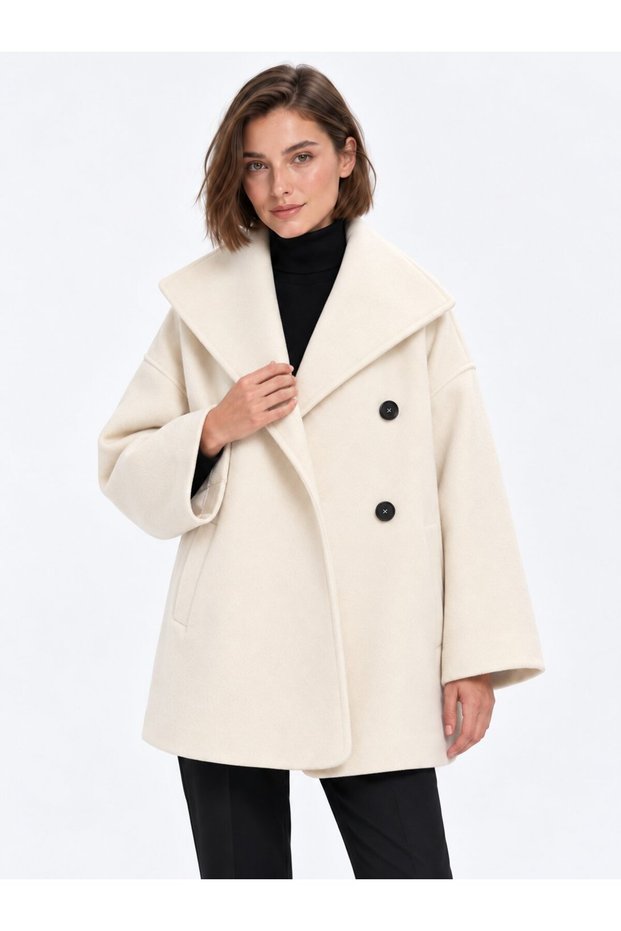 Beige Women's Oversized Double-Breasted Short Coat with Wrap Neckline