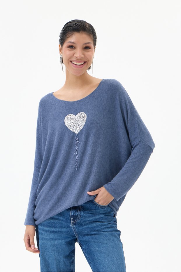 Women's Blue Italian-Patterned Sequin Knit Sweater, Sizes 40–46
