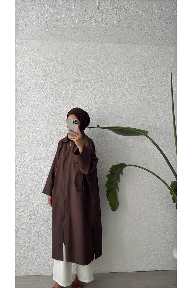 LONG COAT WITH ZIPPER - BROWN