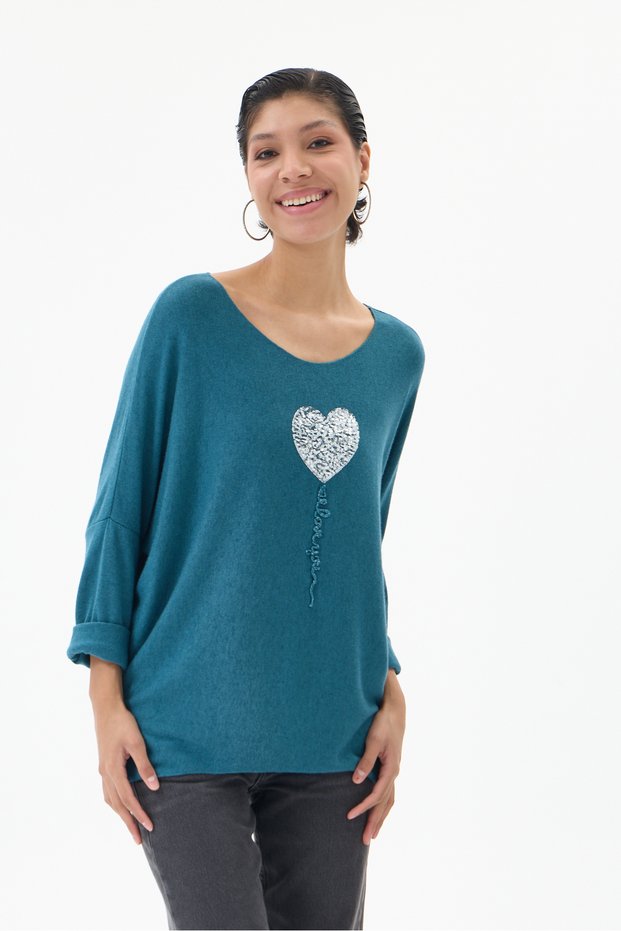 Women's Turquoise Italian-Patterned Sequin Knit Sweater, Sizes 40–46