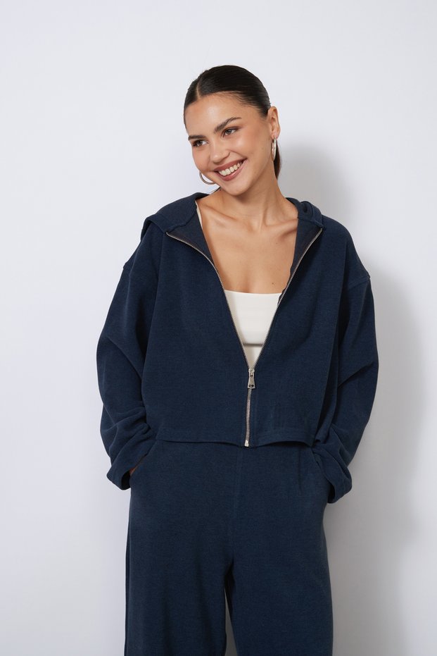 NAVY BLUE Soft-Textured CARDIGAN WITH HOOD AND ZIPPER
