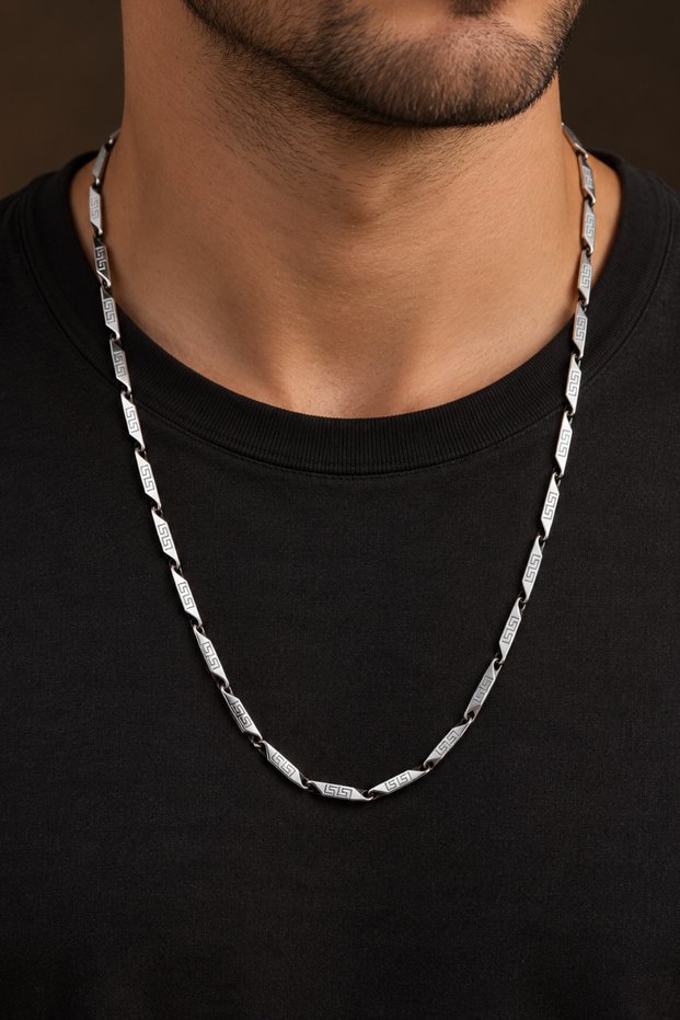 Greek-Patterned Rod-Style Stainless Steel Men's Necklace