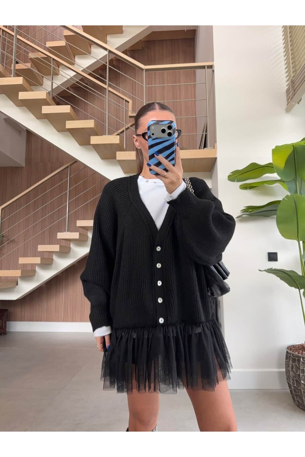 OVERSIZED KNITTED CARDIGAN WITH Tulle Detail