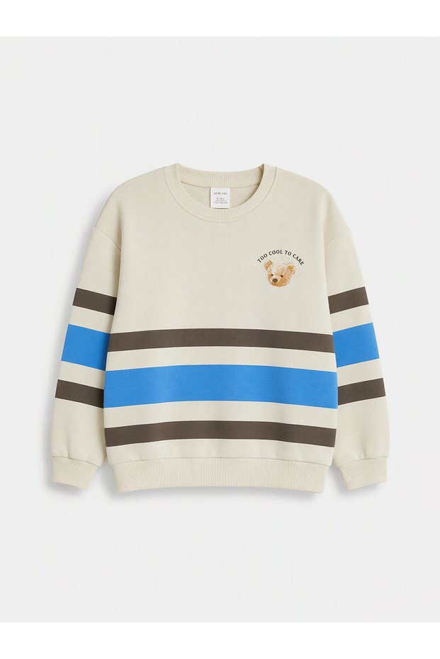 Ozmarka New Season Beige Striped Boys' Thick Sweatshirt