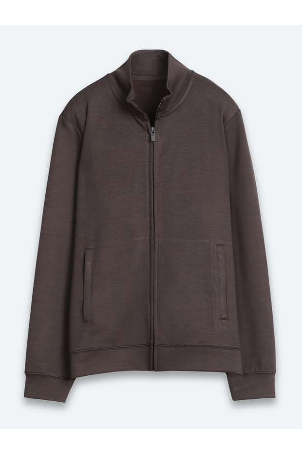 Brown High-Neck Plain Sweatshirt