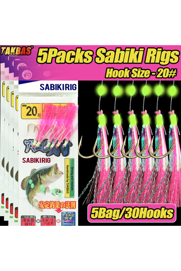 Size20 5Packs 5pcs Sabiki Drill Sea Fishing, Pre-Tied Bait Drill 30 Hooks, Luminous Beads and Artif