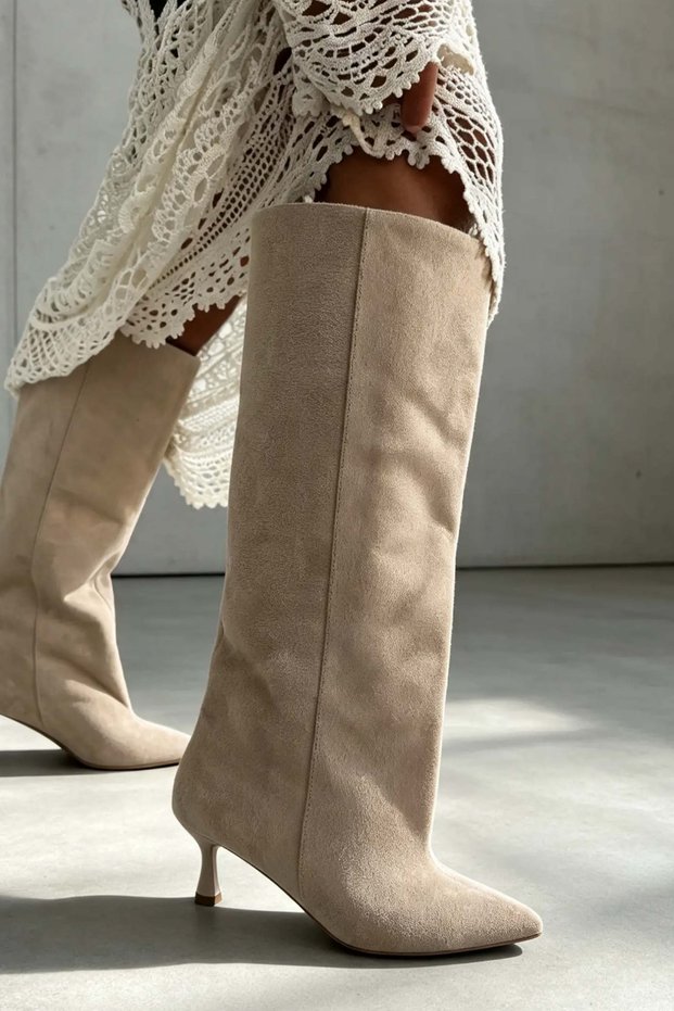 Bonitta Beige Suede Loose Fit Women's Mini-Heel Boots