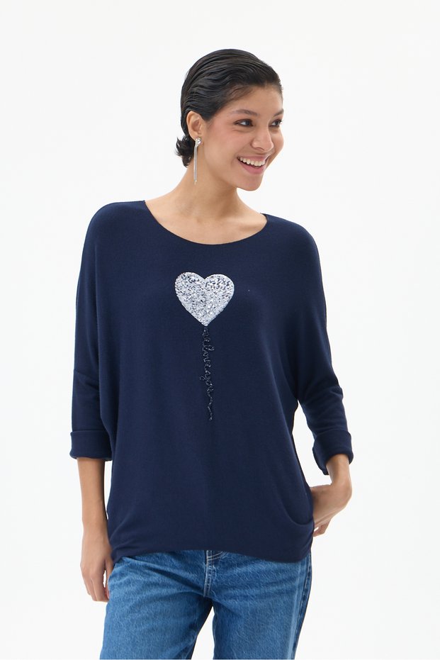 Women's Navy Blue Italian-Patterned Sequin Knit Sweater, Sizes 40–46