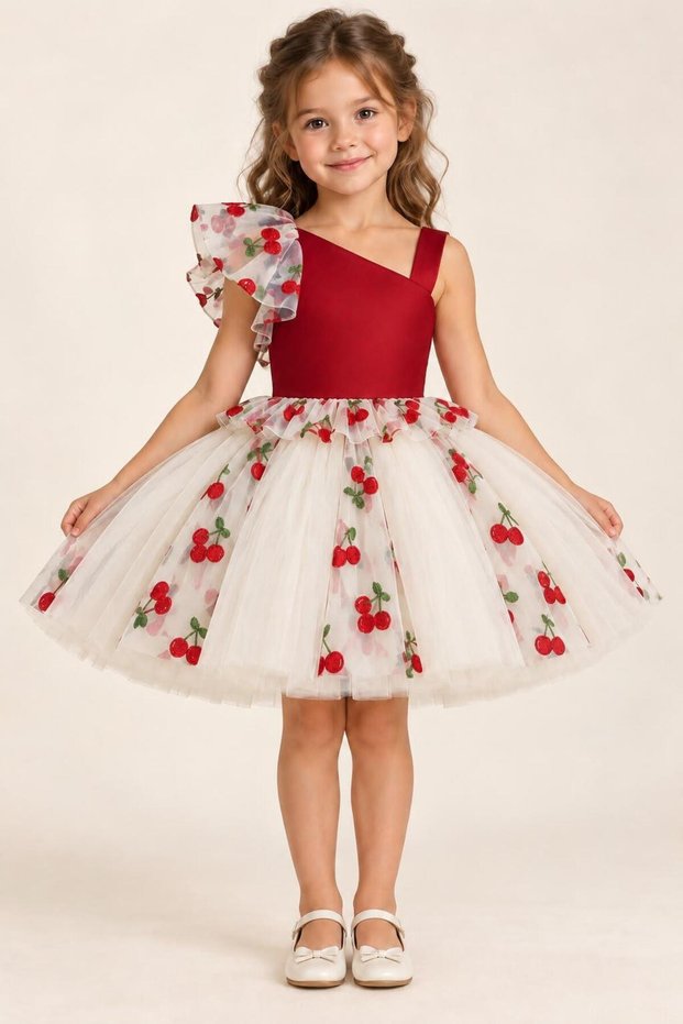 Girls' Red Cherry-Print Tulle Dress with Ruffled Shoulders—Birthday and Special Occasion Dress