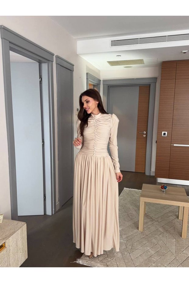 Women's Beige Draped Maxi Dress with Button Closure