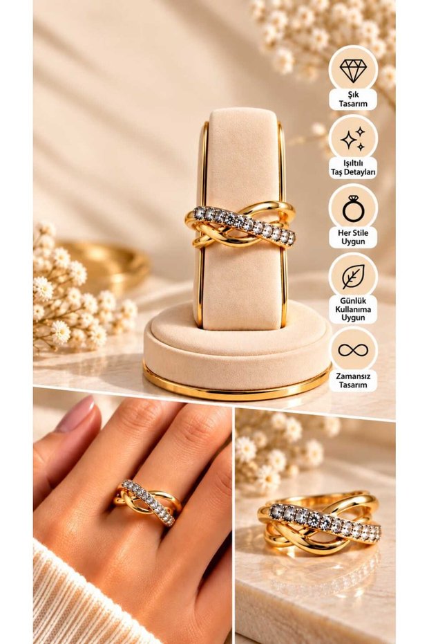 Gold Steel Ring with Cross-Set Stones