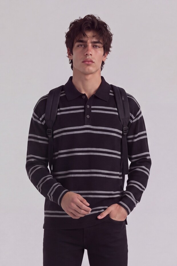Thin striped long sleeve polo collar t-shirt