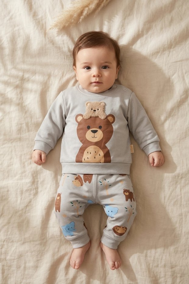 Milo Hug Bear Embroidered Baby Top and Bottom Set - 100% Cotton Jogger Pants with Teddy Bear Print and Forest Animals Design, Size S