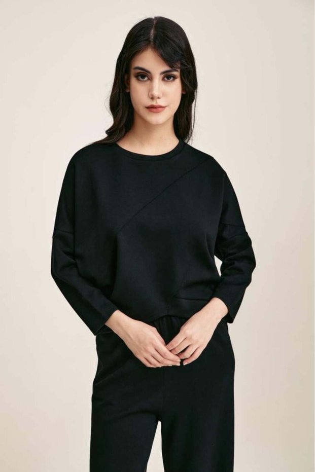 Asymmetric Three-Quarter Sleeve Blouse Black