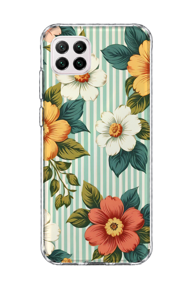 Huawei P40 Lite Compatible Retro Striped Floral-Print Clear Phone Case