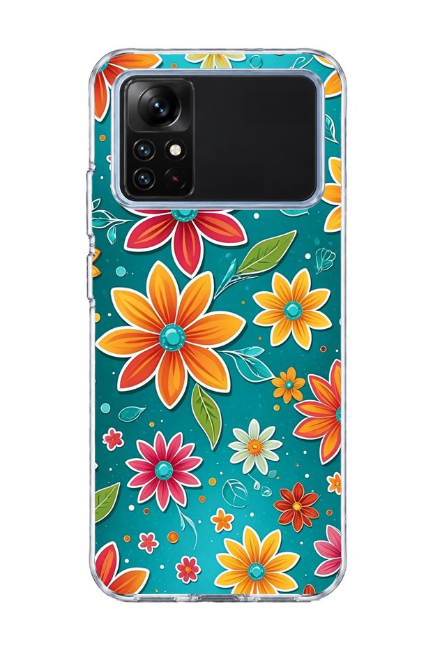Poco M4 Pro 4G-Compatible Transparent Phone Case with Colorful Flower Turquoise Print