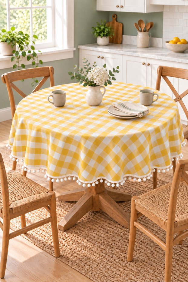 Round Tablecloth with Gingham Pattern and Pom-Pom Accents – Liquid-Resistant, Stain Resistant, Durable Duck Fabric, Various Size Options