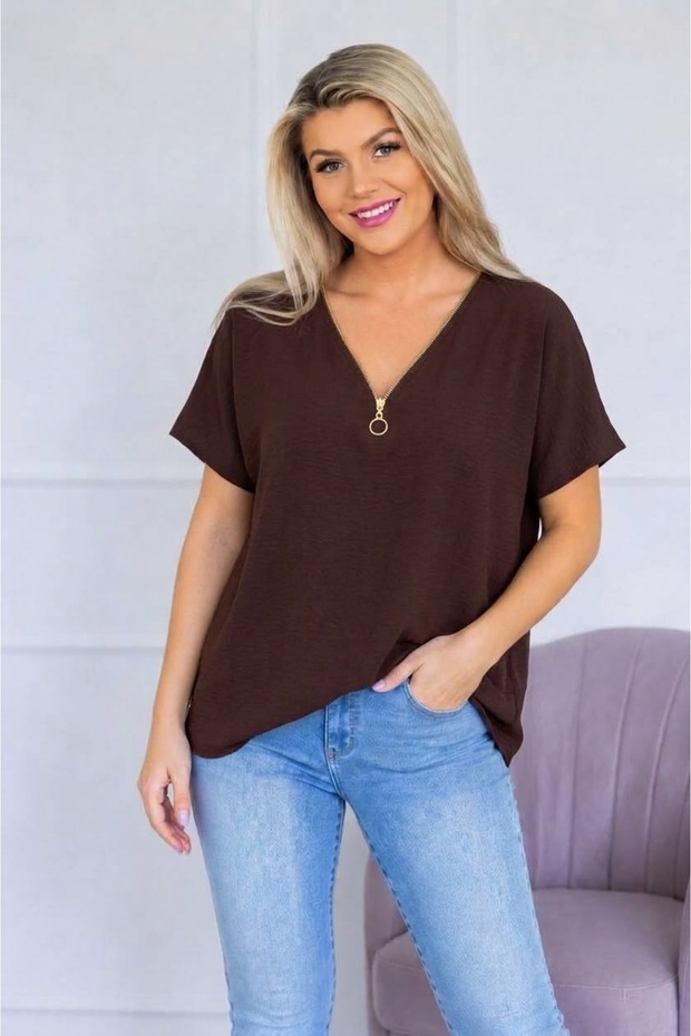 New Season V-Neck Zipper Detailed Cotton Plus Size Blouse
