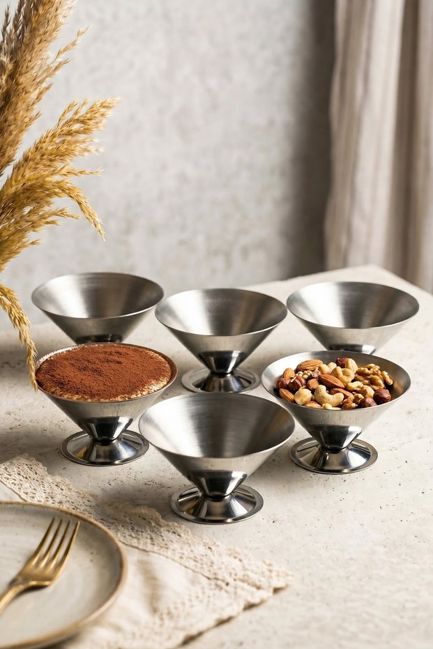 Verona 6-Piece 18/10 Stainless Steel Ice Cream and Dessert Serving Bowl Set with Stand—Serving Dish, Snack Bowl