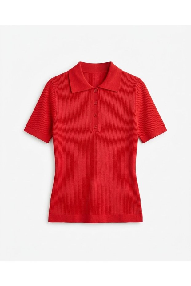 Red Lace-Like Knit Short-Sleeved Knit Blouse