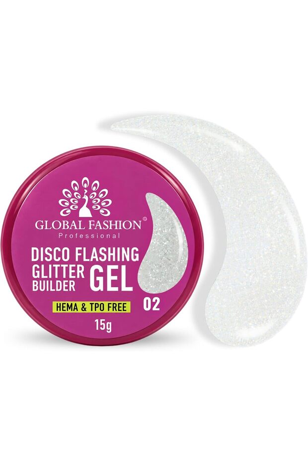 Global Fashion Disco Flashing Glitter Builder Gel 15g, Shade 02 - Reflective Glitter Nail Extension Builder, Thick Self Levelling UV LED Sculpting Gel for Overlays and Nail Art