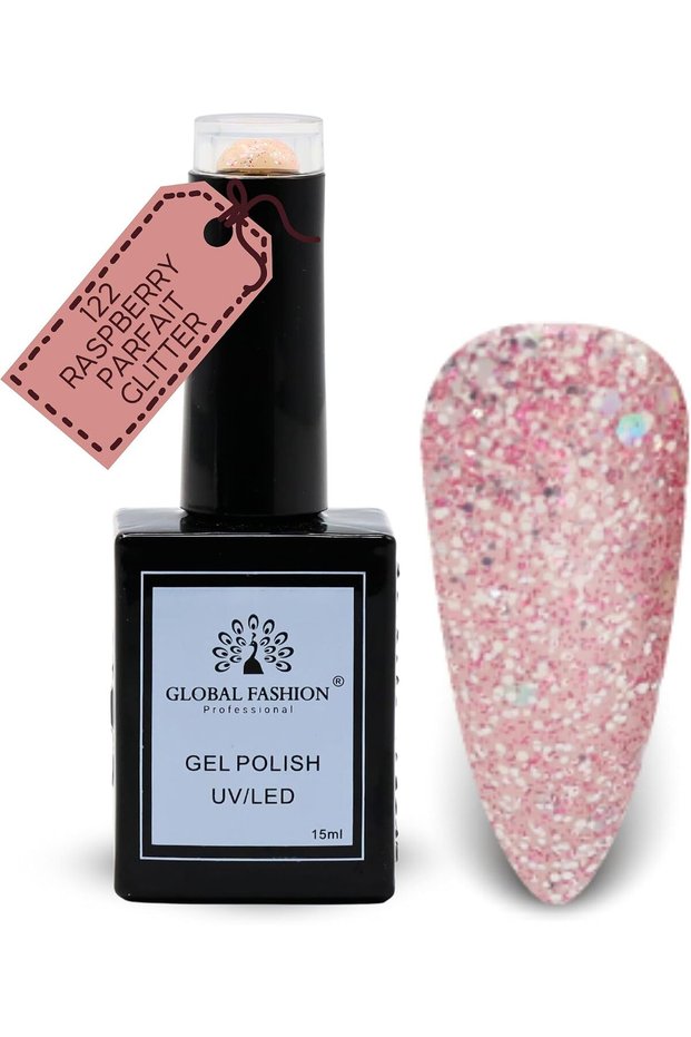 Black Elite Gel Nail Polish 122 Raspberry Parfait Glitter (Pale Pink), 15ml - Soak Off UV LED Gel Polish, Long-Lasting High Gloss Colour for Salon and Home Manicure