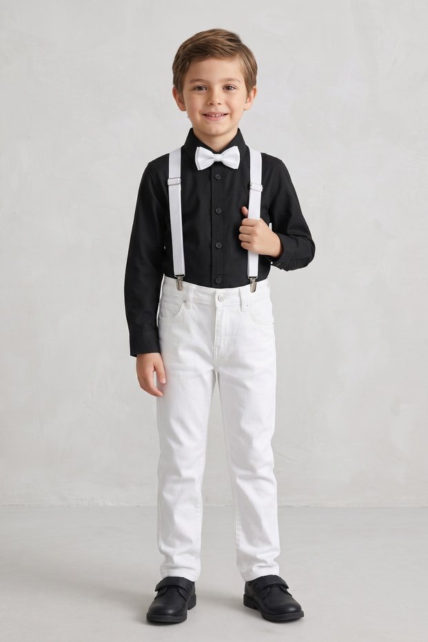 Boy's Black Long-Sleeve Shirt, White Pants, White Bow Tie—November 10, April 23 Formal Attire