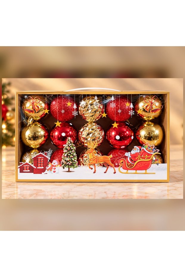 Set of 15 Red and Glittery and Embossed Christmas Tree Ornaments, Box 25x15 cm