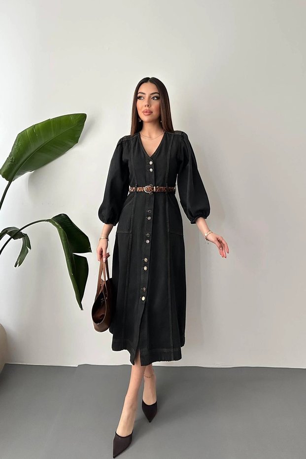 Women's Black Balloon-Sleeve Cotton Denim Dress