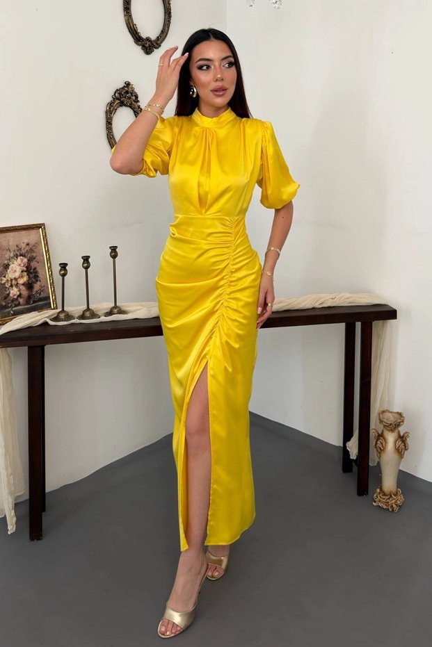 Women's Yellow Drapey Ruched Satin Dress