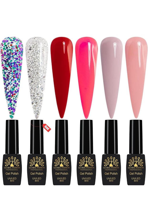 Black Elite Gel Nail Polish Set Confetti Glitz, 6 x 8ml - Soak Off UV LED Gel Polish Kit, Long-Lasting High Gloss Colours for Salon and Home Manicure