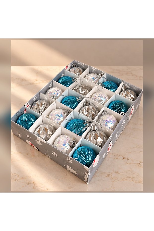 Blue, White, and Silver-Patterned Christmas Tree Ornaments, Set of 20, Box 20x16 cm