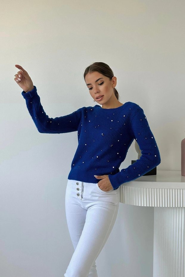 Women's Blue Knitted Textured Sweater with Beaded Details