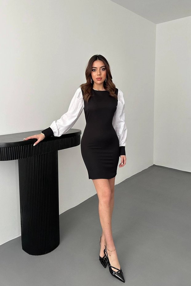 Women's Black Sleeveless Dacron-Paneled Satin Dress
