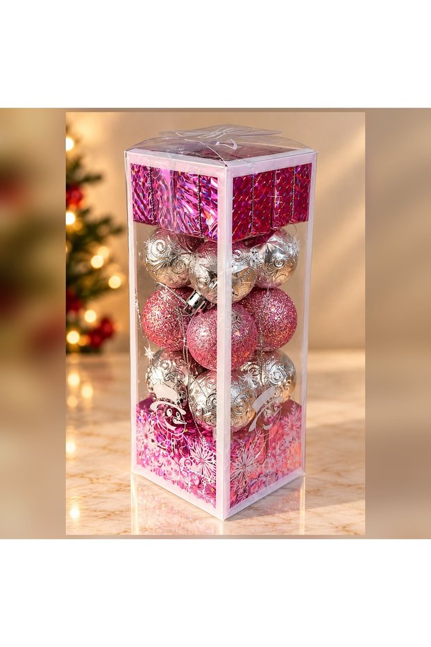Pink and Silver Patterned Christmas Tree Ornaments, Set of 20, Box 20x8 cm