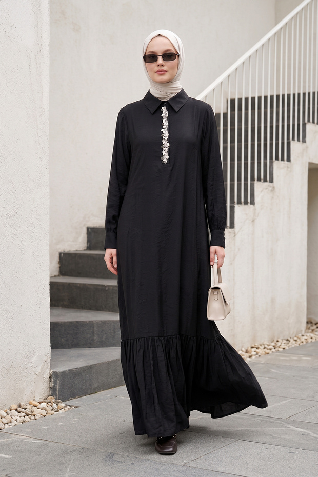 Long Dress with Embellished Front, Lined Hem, and Ruffled Skirt 13304 Black