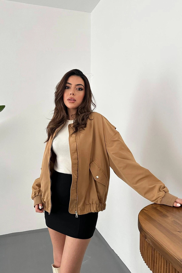 Women's Camel-Colored Patchwork Bomber Jacket