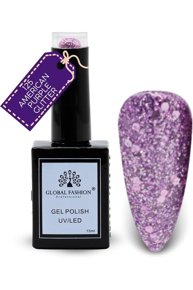 Black Elite Gel Nail Polish 125 American Purple Glitter (Mauve Purple), 15ml - Soak Off UV LED Gel Polish, Long-Lasting High Gloss Colour for Salon and Home Manicure