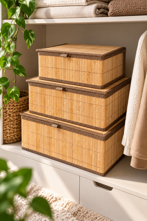 3-Piece Bamboo Organizer Set—Large Storage Box with Lid, Multi-Purpose Organizer Basket