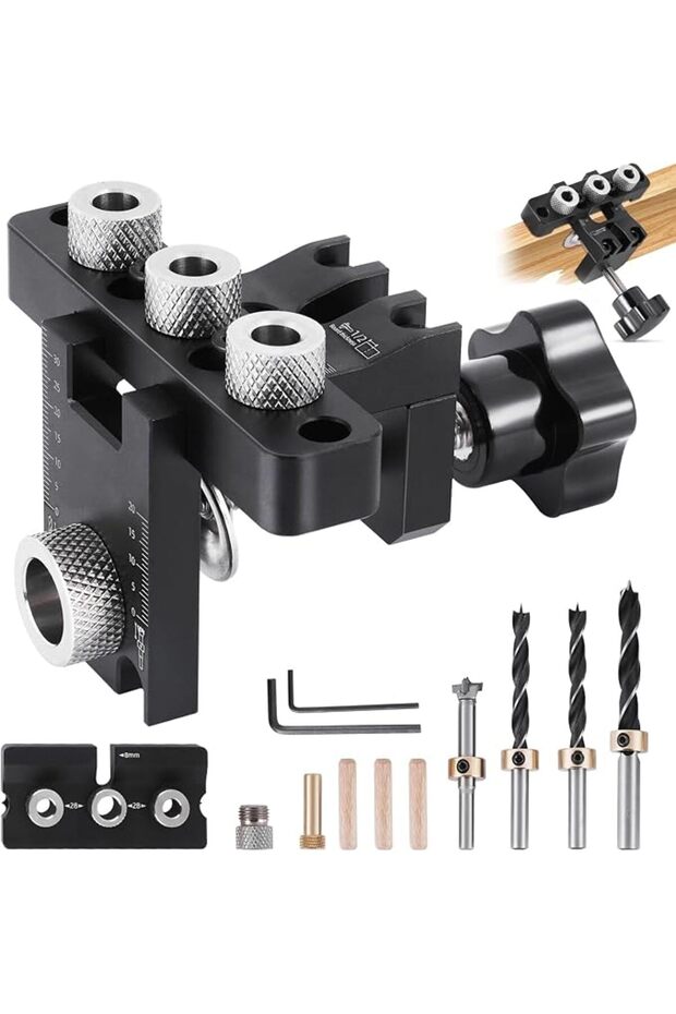 3 in 1 Dowel Jig Drill Kit Multi-Function Self Centering Doweling Jig Kit Adjustable Woodworking Dri