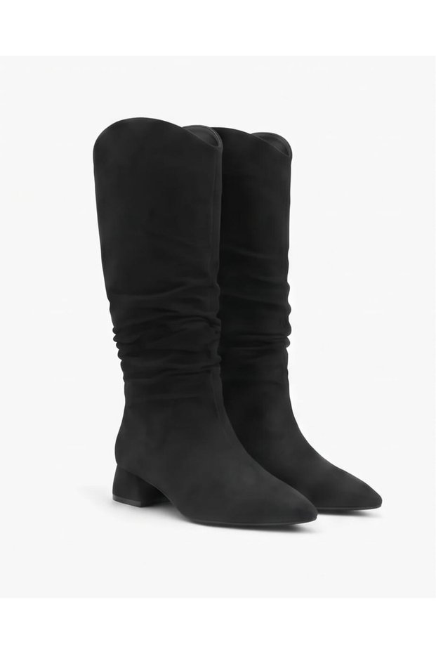 Women's Black Suede Gaiter Boots with Low Block Heels, Ruched, Casual, Comfortable, Long Boots