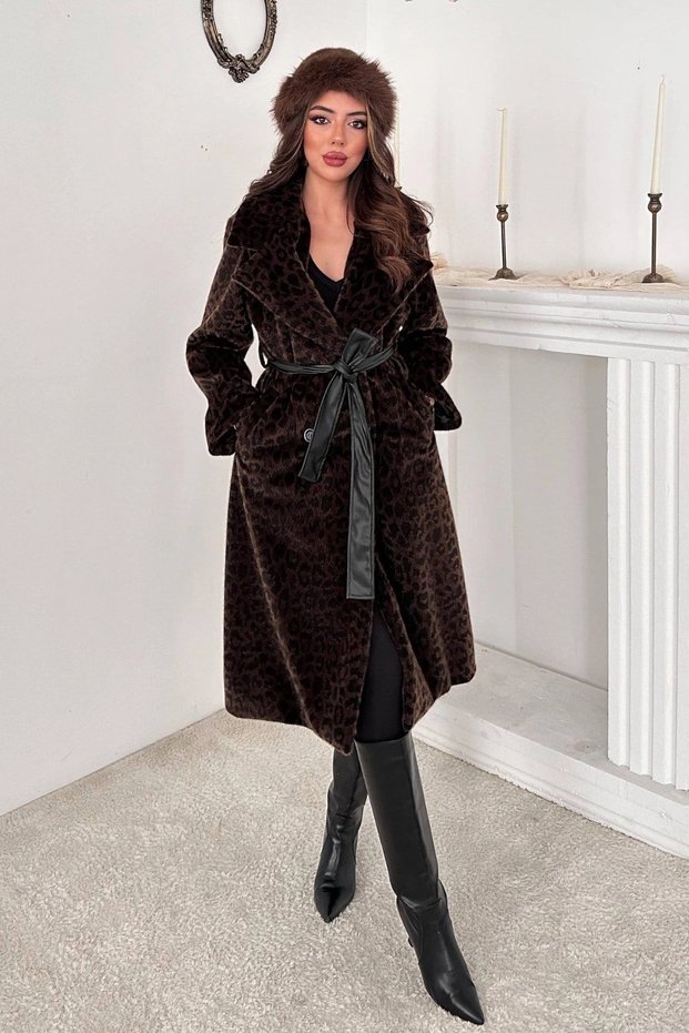 Women's Khaki Leather Belted Coat with Paneling