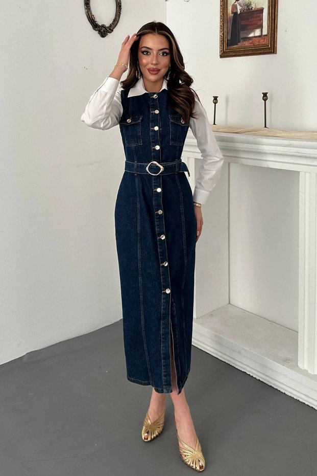 Women's Blue Button-Down Cotton Denim Dress